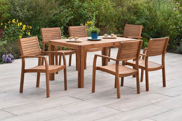 MERXX Garten-Essgruppe Batavia, (Set, 7-tlg), inkl. 6 Stapelsessel, 1 Ausziehtisch