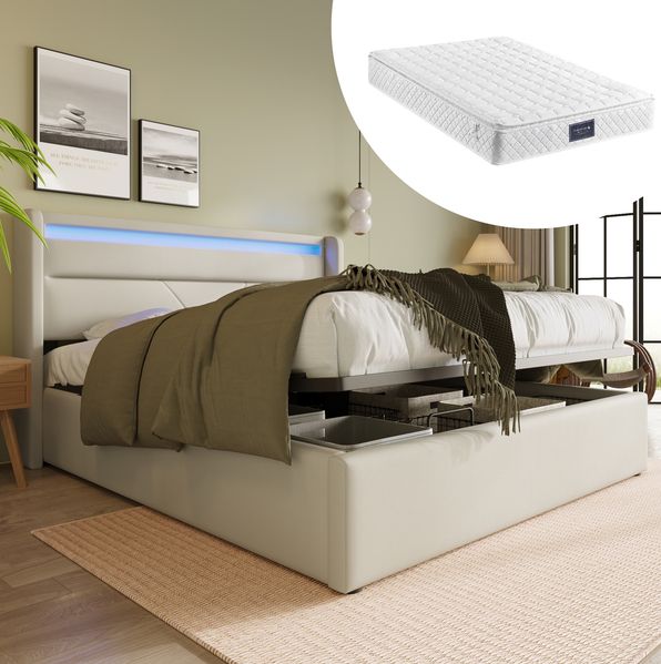 Polsterbett 140x200 cm mit Stauraum und LED-Beleuchtung – Weißes PU-Bettgestell mit hydraulischem Bettkasten