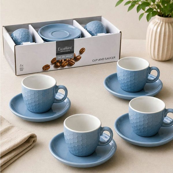 Koopman Tasse Kaffeetassen Espressotassen Untertasse Keramik 8tlg 90ml, 8-tlg, Keramik, Blau, 4 Tassen + 4 Untertassen, Wabenmuster, 90ml je Tasse, Geschirr