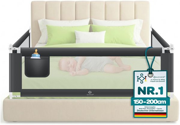 KESSER® Bettschutzgitter Reise Bett Rausfallschutz verstellbar Bed Guard Rail Bumper, Kinder/ Baby, Bettgitter Klappbar, Kinderbett Kinderbettschutzgitter, Tasche, Farbe, Höhe: 72 bis 96cm Dunkelgrau, 150cm