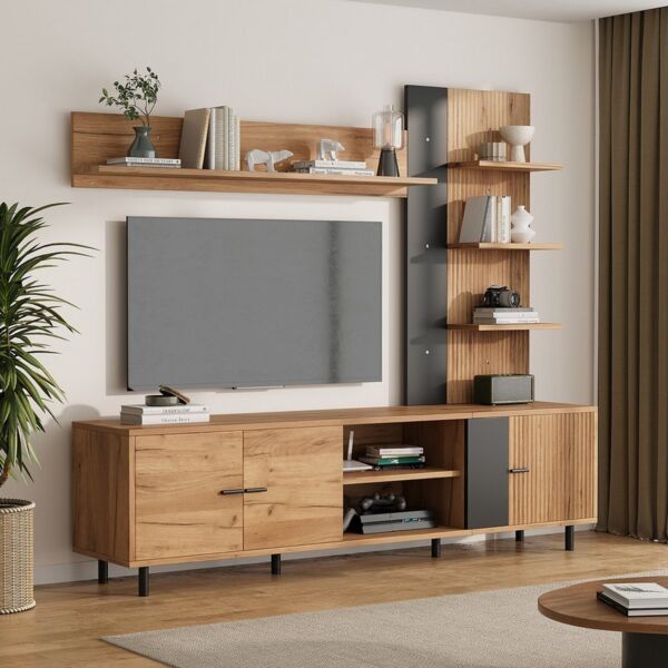 Merax Wohnwand mit Vitrine & Regal, in Holzoptik & Schwarz, (3-St), Mediawand mit 3 Schränken und offenen Regalböden