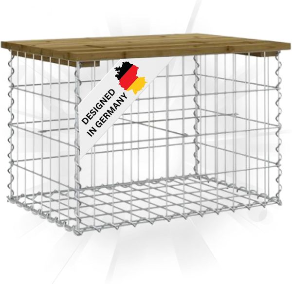 Gartenbank Gabionen BIKS aus Stahl 63x44x42cm Kiefernholz Braun Gabionenbank Gartentisch aus Gabionen Steinkorb Gabionengitter Ziergabione Drahtkorb befüllbar