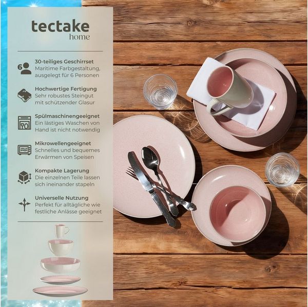 tectake Geschirr-Set Kombiservice (30-tlg), 6 Personen, Steingut, für 6 Personen, handgefertigt