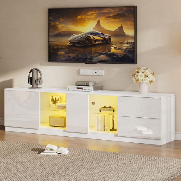 TV-Ständer Lowboard 160x40x52 cm, weiß Hochglanz mit LED-Beleuchtung