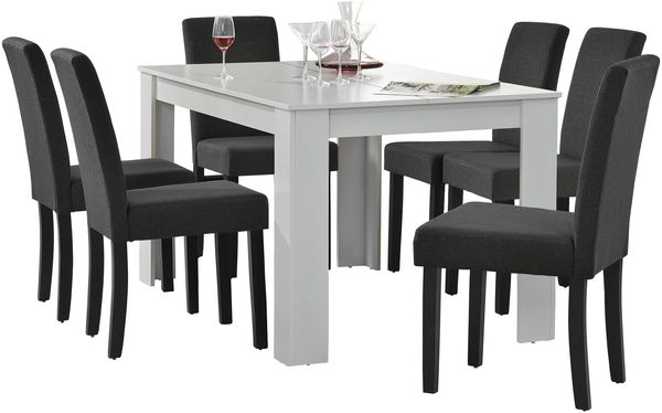 Esstisch weiß mit 6 Stühlen grau Textil 140x90