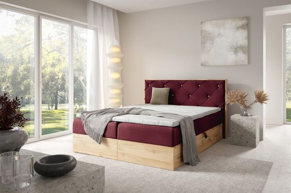 Boxspringbett Schlafzimmerbett HELIOS 180x200cm in Stoff Rouge Bordeauxrot