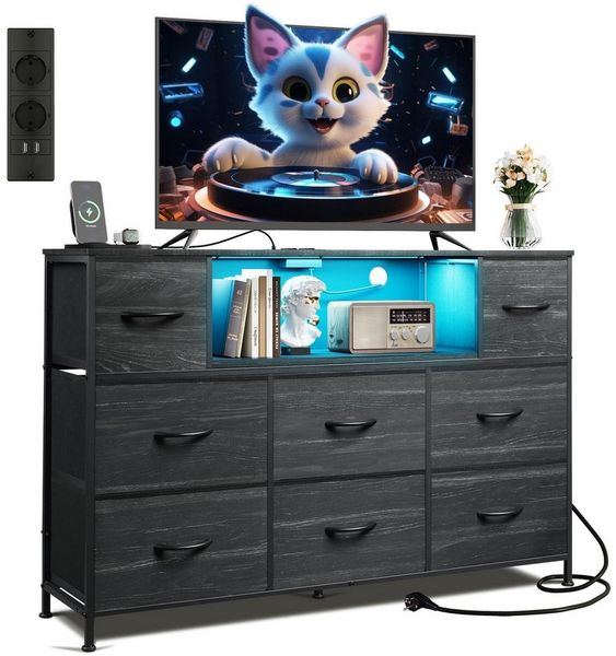WLIVE Kommode mit 8 Stoffschubladen, LED-Beleuchtung und Ladestation (Aufbewahrungsschrank mit Holzplatte und Metallgestell, Aufbewahrungsschrank mit Holzplatte und Metallgestell), Schlafzimmerkommode für Wohnzimmer, Flur und Schlafzimmer