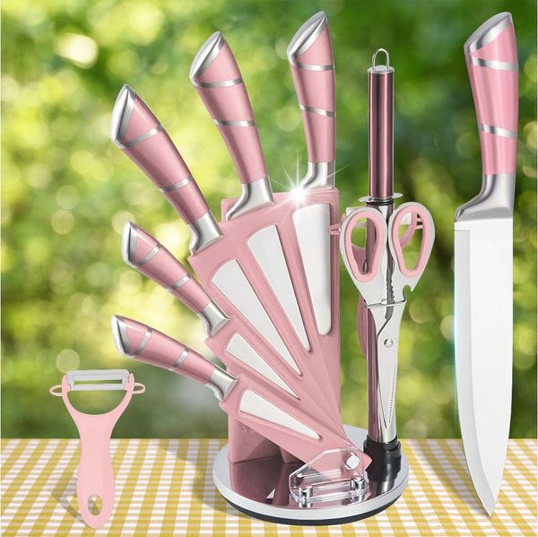 MDHAND Messer-Set 9-teiliges Küchenmesserset aus Edelstahl mit Antihaftklingen (9-tlg), Drehbarer Messerblock inkl. Schärfer, ergonomische Griffe