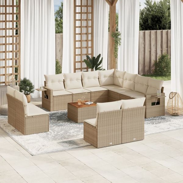 vidaXL 12-tlg. Garten-Sofagarnitur mit Kissen Beige Poly Rattan 3224623