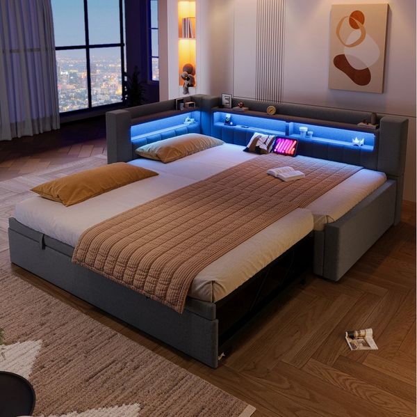 Merax Daybett 90x200cm/180x200cm mit LED-Beleuchtung, USB & Typ-C (Sofabett Jugendbett Einzel- & Doppelbett, 1 tlg), Tagesbett mit Ausziehbett und Staufächern,Schlafsofa,Doppelbett,Leinen