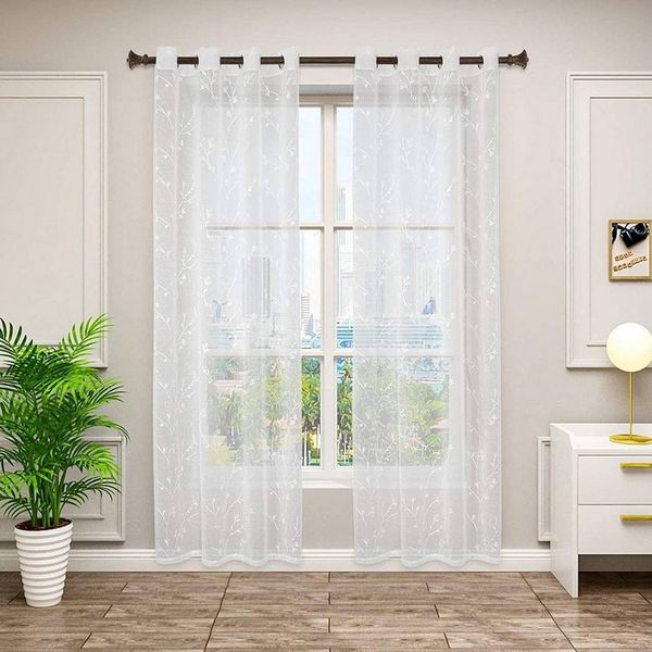 Woltu Gardine (2 St), transparent Blumen Stickerei mit Ösen Leinen Optik