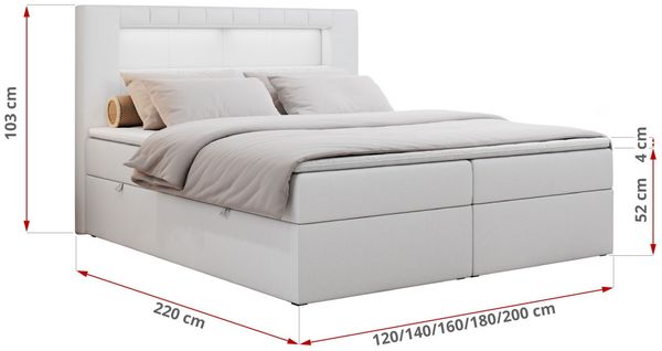 Boxspringbett - Polsterbett mit LED Kopfteil - GOLD-5 - 140x200cm - Weiß Kunstleder - H4 Bild 5