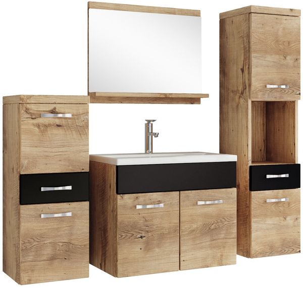 Badezimmer Badmöbel-Set Alba 60cm Waschbecken Kastanien Eiche mit Schwarz - Unterschrank Hochschrank Waschtisch Möbel
