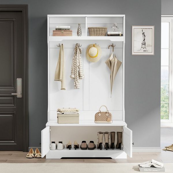 REDOM Garderoben-Set Mit Sitzbank, 4 Haken, 2 offenen Fächern und Stauraumgarderobe, (Stauraum unter Sitz, Schuhschrank 101,5x183 cm), Garderobe