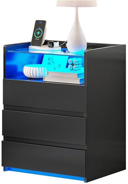 MSMASK Nachttisch mit LED-Beleuchtung und Steckdosen, 3 Schubladen, 45x35x61cm (1-St), Nachtschrank mit Sichtbarer Glastischplatte