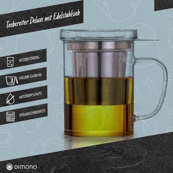 Dimono Teeglas Dimono Teeglas 450 ml mit Sieb & Deckel – Glas Teebereiter Deluxe, Tee-Filter Tasse mit Deckel
