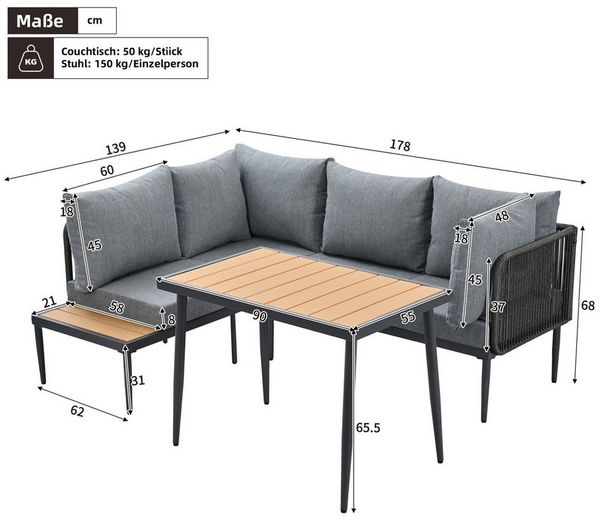 Ulife Gartenlounge-Set Garten-Essgruppe,Gartenmöbel Set für 4 Personen mit Ecksofa, Esstisch, (3-tlg), verzinktes Stahlrohr, Tischplatte Kunststoff Holz