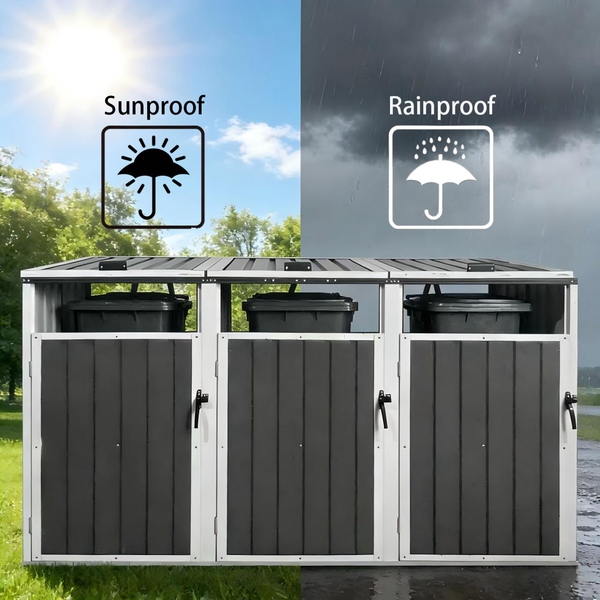 Flieks Mülltonnenbox für 3 Tonnen, Metall Mülltonnenunterstand für 120L/240L, verzinkter Stahl, wetterfest, abschließbare Türen, Schwarz/Silber