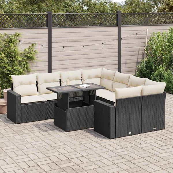 vidaXL 9-tlg. Garten-Sofagarnitur mit Kissen Schwarz Poly Rattan 3326287