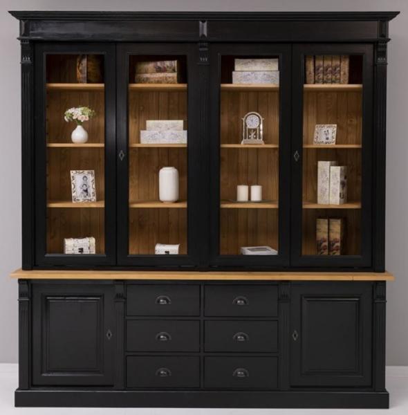 Casa Padrino Landhausstil Massivholz Schrank Schwarz / Naturfarben 223 x 51 x H. 228 cm - Bücherschrank - Regalschrank - Landhausstil Massivholz Möbel