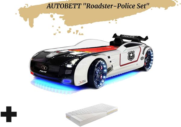 Autobett Kinderbett "Roadster Police" Schwarz Weiß LED Sound Sportsitze Lattenrost Spoiler 90x190 cm