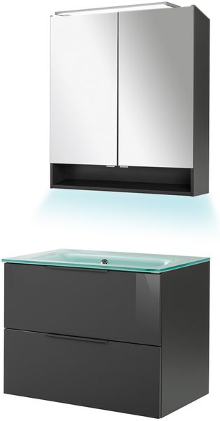 FACKELMANN LUNA Waschtisch Set mit Spiegelschrank 80 cm breit, Anthrazit, Waschbecken Glas Mint + Ambientebeleuchtung