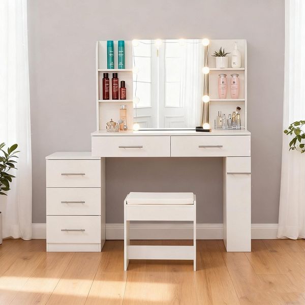 Sweiko Schminktisch Frisiertisch, Kosmetiktisch, mit Spiegel, Schublade, LED Beleuchtung, Weiß