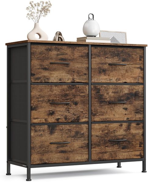 SONGMICS Kommode, Schrank, 6 Stoffschubladen, Aufbewahrungsschrank, Stahl, MDF, Vliesstoff, für Schlafzimmer, Flur, Wohnzimmer, vintagebraun-tintenschwarz LGS123BH04