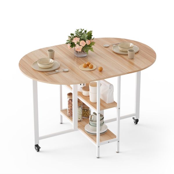 Mondeer Mobiler Klappbarer Esstisch, Klapptisch mit 2 Offenen Ablagen, Rundes Kanten Design, Kleine Räume Esszimmer Küche, 120 x 80 x 75 cm, Eiche und Weiß