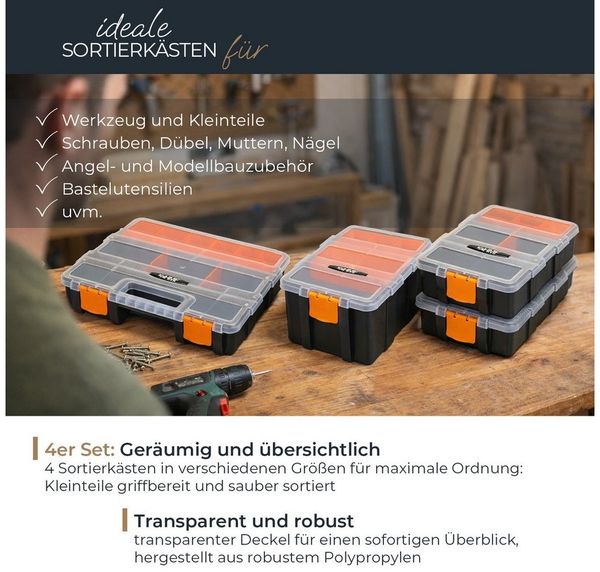 HMF Sortimentskasten Sortierbox leer, Sortimentskasten für Werkzeug und Kleinteile (Set, 4 Boxen), 49 Fächer, transparenter Deckel, Schwarz-Orange