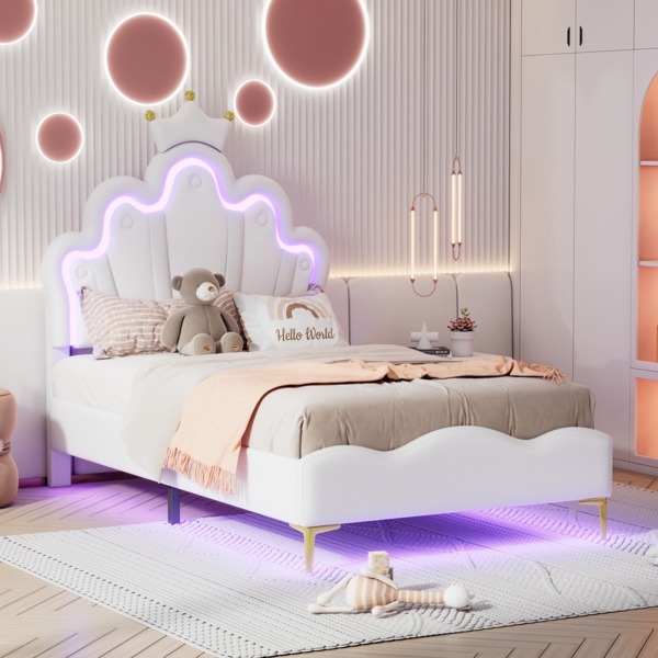 Prinzessinnenbett 90x200 cm, Kinderbett mit LED-Beleuchtung, gepolstertes Bett aus Kunstleder in Weiß,wolkenförmiges Kopfteil mit Krone