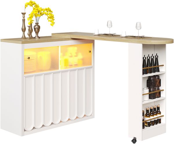 Ausziehbarer Bartisch mit LED-Appsteuerung, USB-Funktion, Rollen mit Bremse, Stauraumfächern, Schiebetür,Weiß & Natur Bild 9