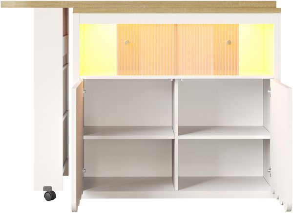 Ausziehbarer Bartisch mit LED-Appsteuerung, USB-Funktion, Rollen mit Bremse, Stauraumfächern, Schiebetür,Weiß & Natur Bild 10