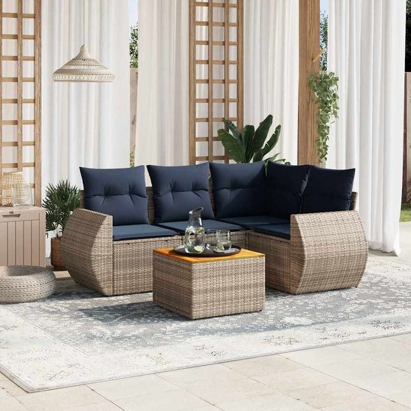 vidaXL 5-teiliges Gartensofa-Set mit Kissen, grau, Polyrattan 3224990