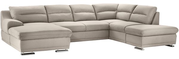 Mivano Wohnlandschaft Coast / Große Schlafcouch in U-Form / Mit Bettfunktion und Stauraum / Recamiere links und Ottomane rechts / 334 x 88 x 217 / Mikrofaser: sand