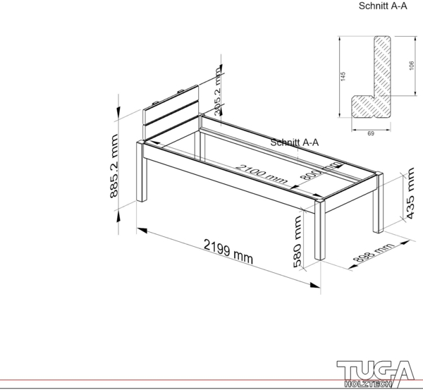 Pfostenbett "metallarm" Zirbe Holzbett "Daybett" 80 x 210cm 58cm Einzelbett Bild 6