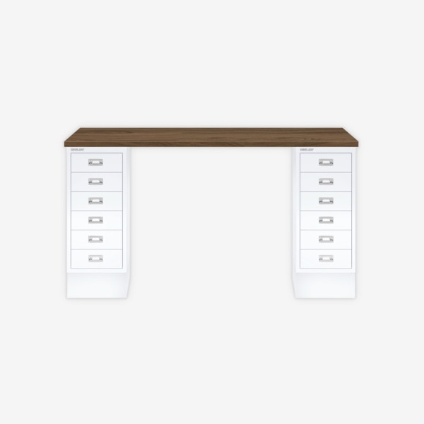 MultiDesk, 2 MultiDrawer mit 6 Schüben, Dekor Nussbaum, Farbe Verkehrsweiß, Maße: H 740 x B 1400 x T 600 mm