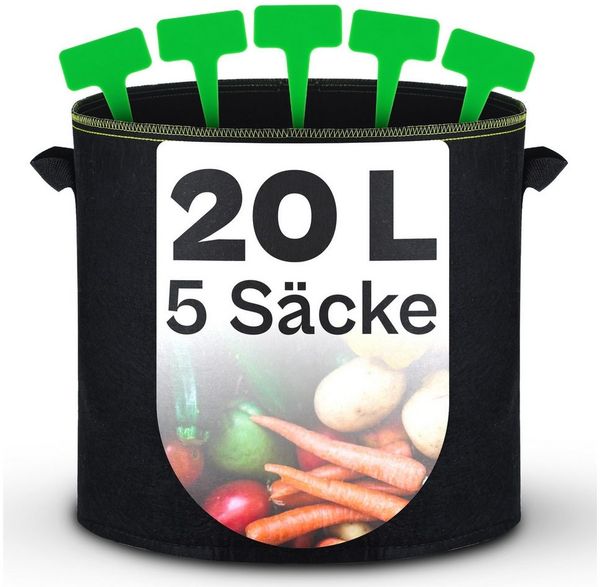 Praknu Pflanzkübel Pflanzsack 20l - 5 STK aus Vliesstoff mit Schilder zum Beschriften (5er Set, 5 St), mit Griff - Für Gemüse, Pflanzen & Blumen - Stofftöpfe - Grow Töpfe