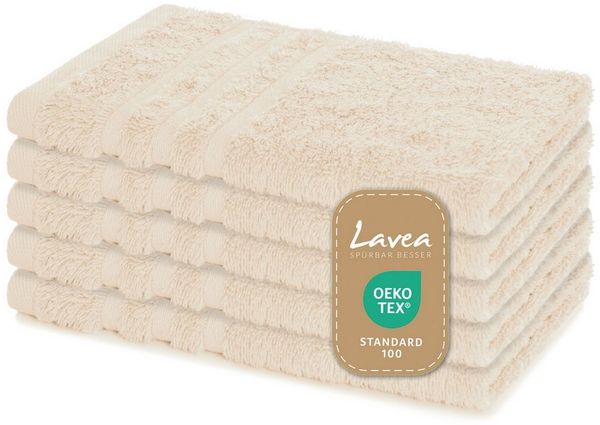 Lavea Gästehandtuch Elena, 30x50cm aus 100% Baumwolle, fusselfreies, pflegeleichtes hautfreundliches Gästehandtuch-Set (Set, 5-St), einzigartig weiche Frottee Gästehandtücher für jeden Hauttyp