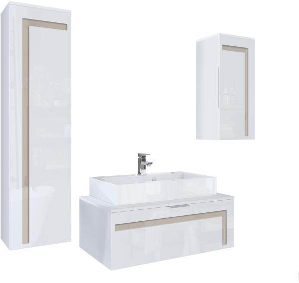 Badmöbel Komplettset Aloha V2, Korpus in Weiß matt / Fronten in Weiß Hochglanz mit Absetzungen in Sandgrau Hochglanz, mit Aufsatzwaschbecken und Armatur (M1) Bild 1