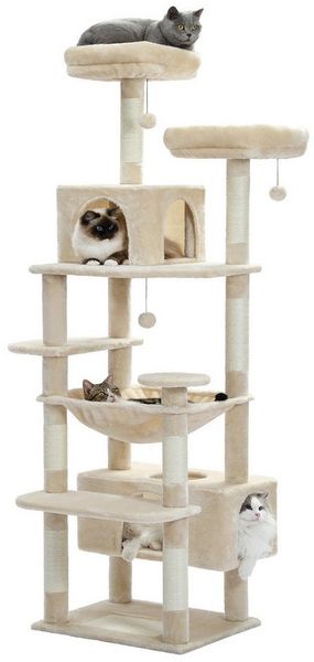 PETEPELA Kratzbaum Großer Kratzbaum, 184 cm großer Katzenturm für große Katzen, Sisal-bezogenen Polstern, 2 Sitzstangen, Doppelhaus und Korb