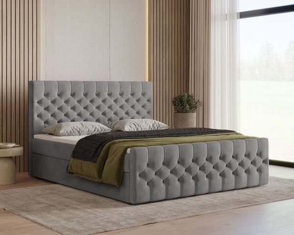 MOEBLO Boxbett Bett 12 (Luxusbett im Chesterfield-Design, 180x200 cm, Velours-Bezug, Hoher Schlafkomfort, modernes Velours-Design mit Steppung Polsterbett Kontinentalbett, dekorativem Kopfteil, aus Samt, inklusive Topper und Bettkasten), (BxHxT):144/16...