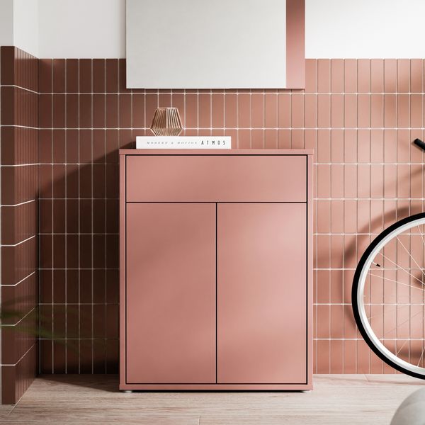 Forte ALICE SPRINGS Flurkommode 70 80, moderner Garderobenschrank mit 2 Türen und 1 Schublade, inkl. Spiegel, Holzwerkstoff, Terrakotta, 74,5 cm breit x 200 cm hoch x 34,9 cm tief