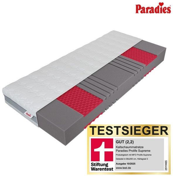 Kaltschaummatratze Neuheit: Paradies Prolife Supreme, Testsieger Stiftung Warentest, Paradies, 22 cm hoch, Note GUT (2,2), getestet in 90x200 cm, Härtegrad 3