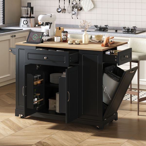 Kücheninsel mit Rollen, Ausziehbarer Essbereich Kücheninsel mit Multifunktionsschubladen und Abfallbehälterfach, Mobile Kücheninsel Ideal für Küche und Esszimmer (Schwarz)