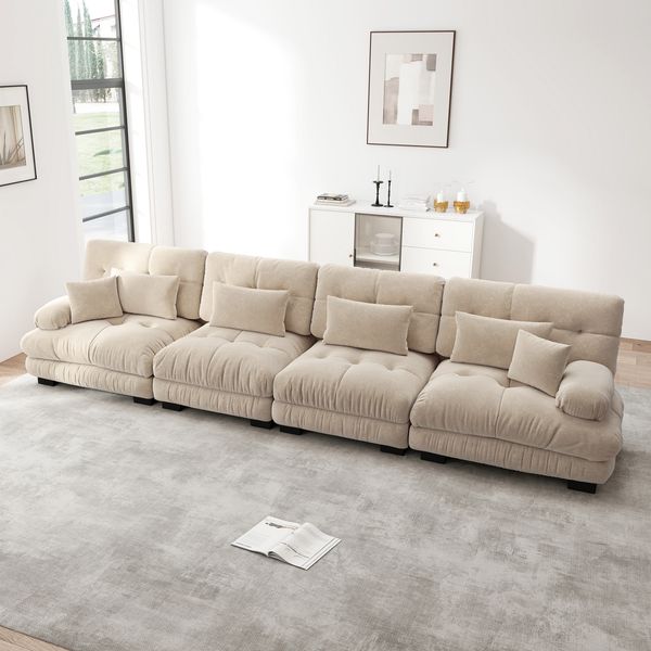 Modulares 4-Sitzer Ecksofa aus Chenille mit Tiefensitz, 406 x 77 x 81 cm, hellbraun