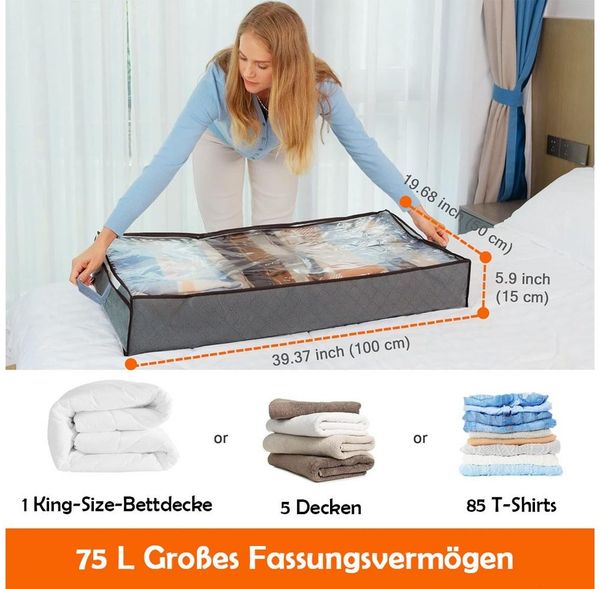 TUWENA Unterbettkommode 3 Stück Unterbettkommode mit Deckel, 75L Faltbare Grosse Kleidertasche (3 St), Kleideraufbewahrung mit Klare Fenster für Bettdecken, Kleidung, Decken
