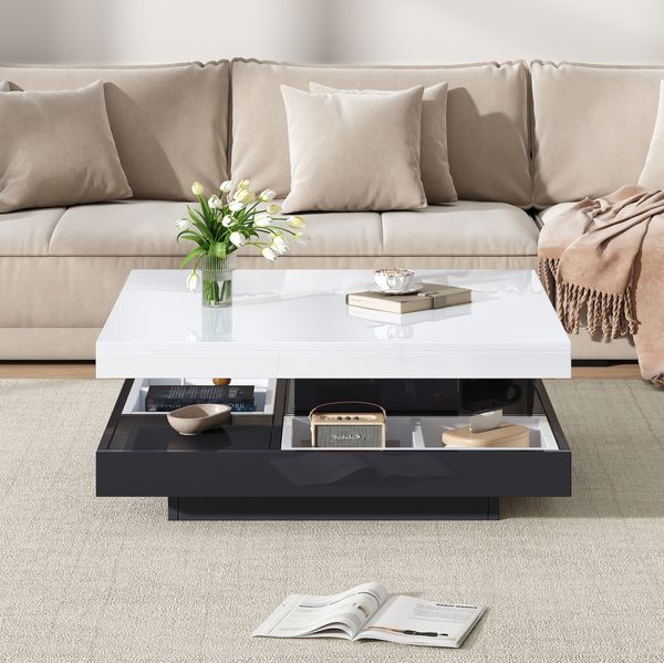 Couchtisch 70x70x36 cm mit 360° drehbarer Platte in Weiß/Schwarz