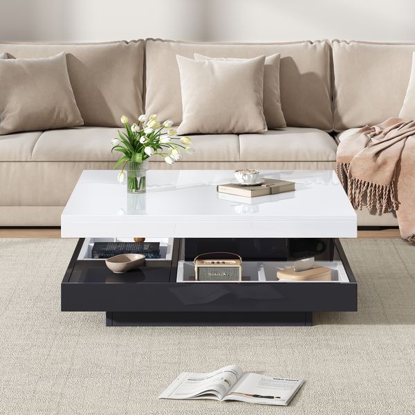 Couchtisch 70x70x36 cm mit 360° drehbarer Platte in Weiß/Schwarz
