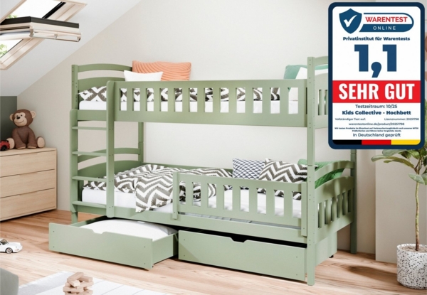 Kids Collective Etagenbett Hochbett Kinderbett 80x180 90x200 umbaubar in zwei Einzelbetten, 90x200 cm mit zwei Schubladen Lattenrost Rausfallschutz Olivgrün